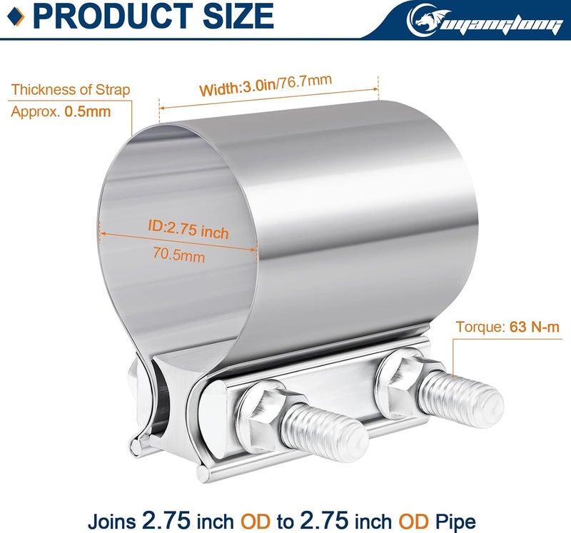 ouyanglong 2.75 Inch Exhaust Clamp, 2 3/4" Butt Joint Band Clamp Stainless Steel Sleeve Coupler for Pipes,Mufflers,Catalytic Converters - 2 Pack - Image 2